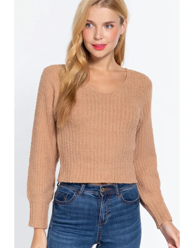 Puff Sleeve V-neck Rib Sweater