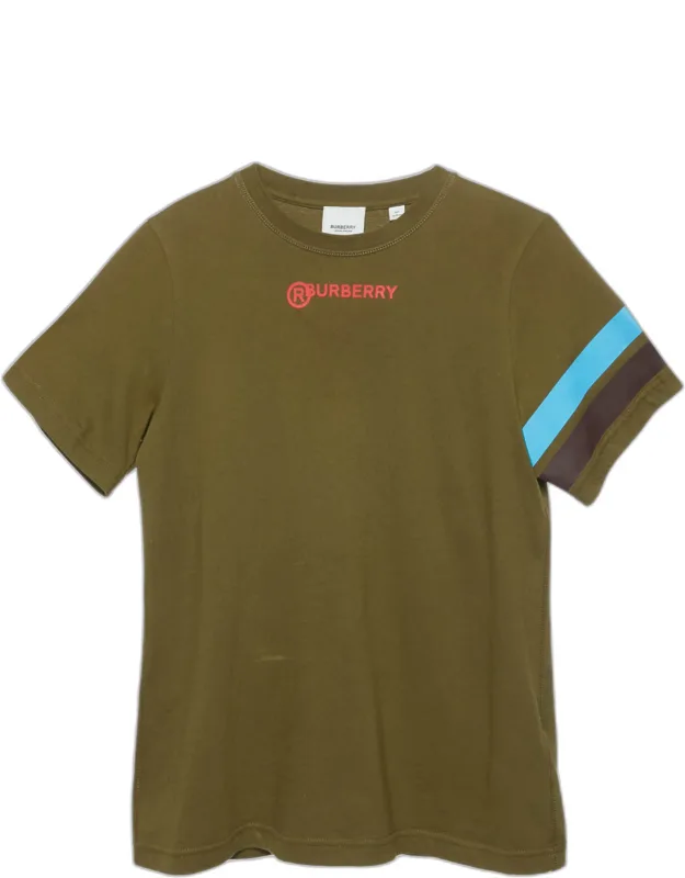 Olive Green Logo Print Cotton Crew Neck T-shirt