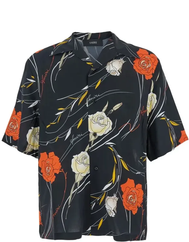 Bowling Shirt With Cuban Collar And All-over Floral Motif In Viscose