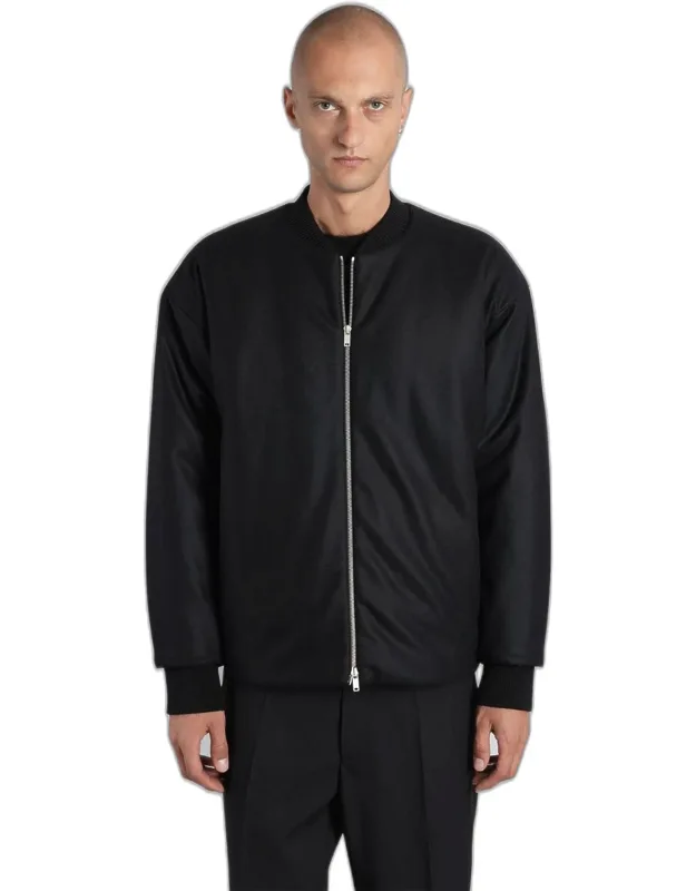 Jil Sander Bomber Jacket In Black Wool With Double Zip Closure And Ribbed Cuffs