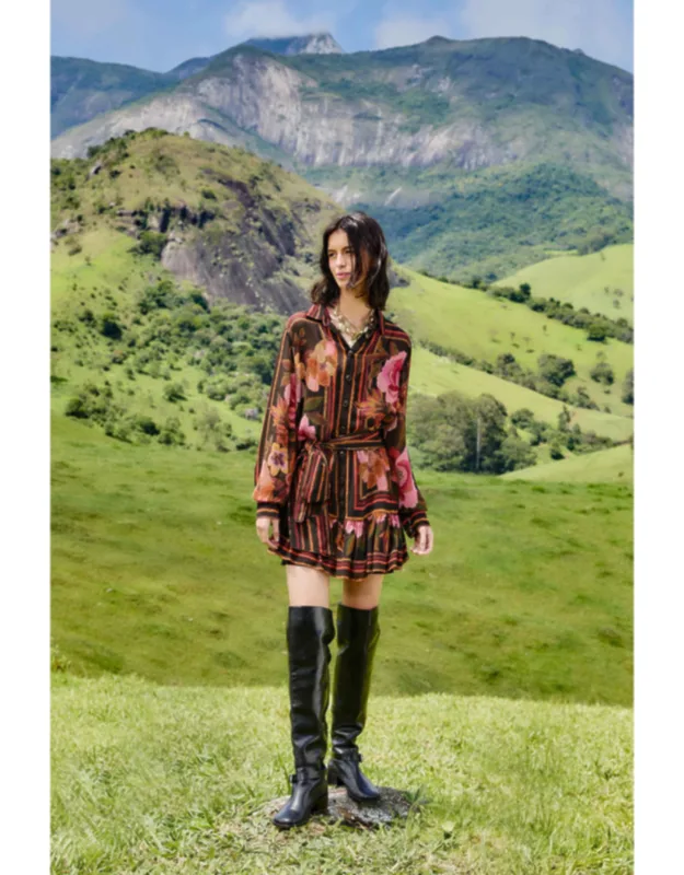 Chenille Flowers Belted Long Sleeve Mini Dress