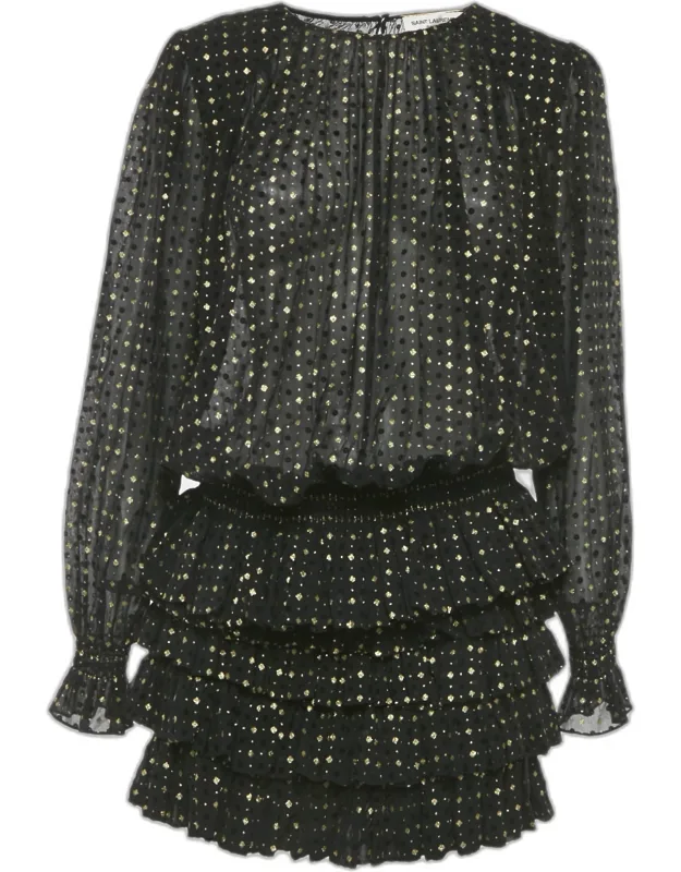 Glitter Chiffon Sheer Ruffled Flocked Mini Dress