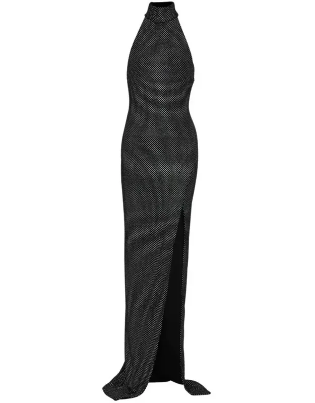 Long Velvet Halterneck Dress With Rhinestones