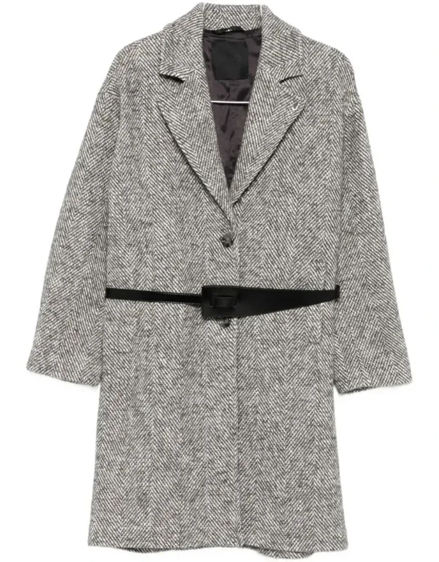 Coat Herringbone Pattern Belted Waist