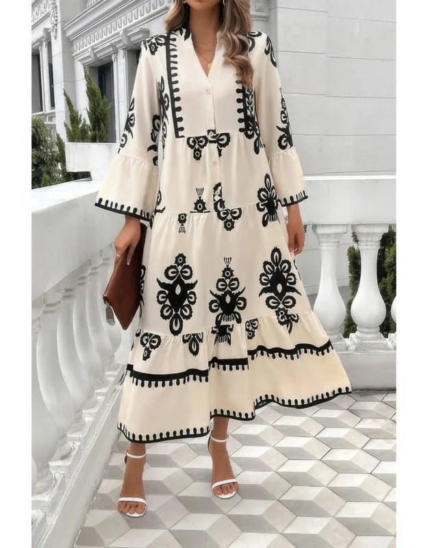 V Neck Stand Collar Button Floral Splicing Dress