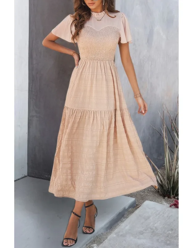 Ruffle Sleeve And Hem Top Shirred Crew Neck Dress