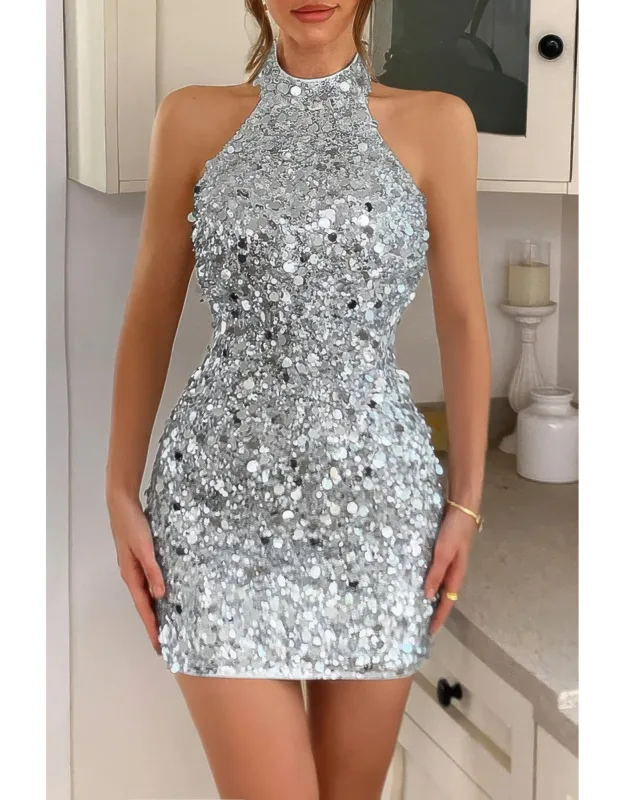 Sparkly Beaded Halter Bodycon Mini Dress