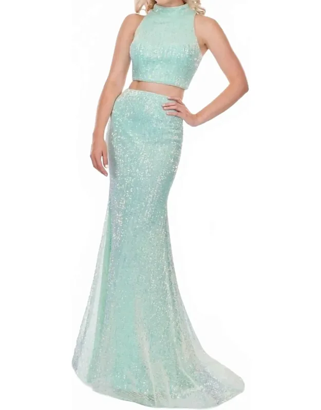 Pleated Sequin Two-piece Prom Dress