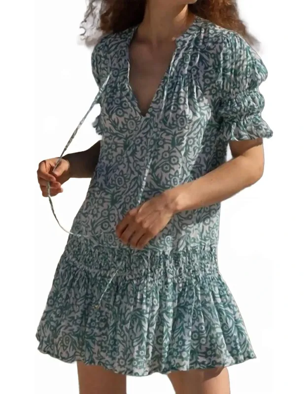 Smocked Drop Mini Dress With Balloon Half Sleeves And Tie String Closures