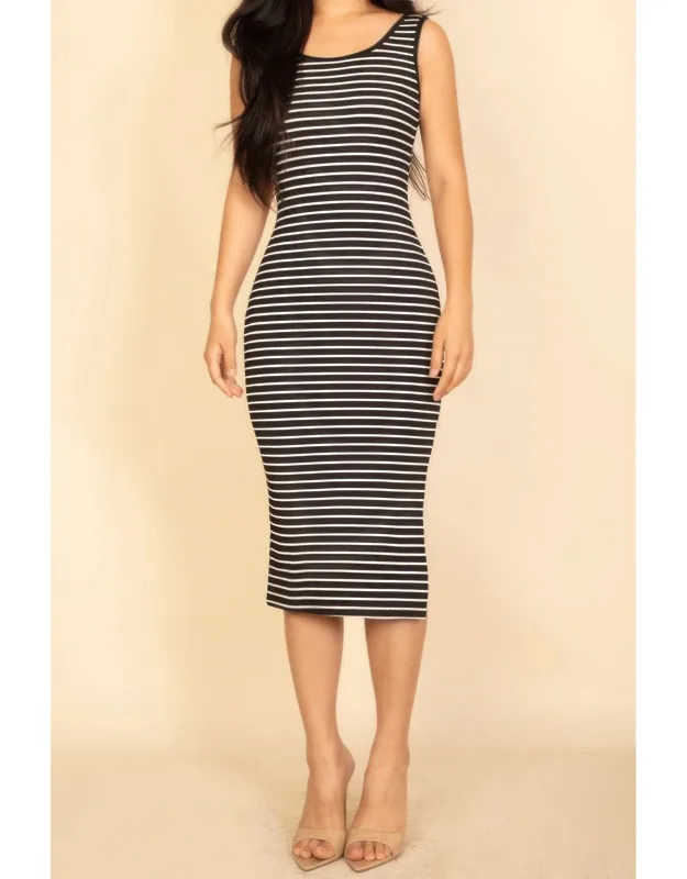 Ribbed Striped Sleeveless Midi Dress With Side Slit