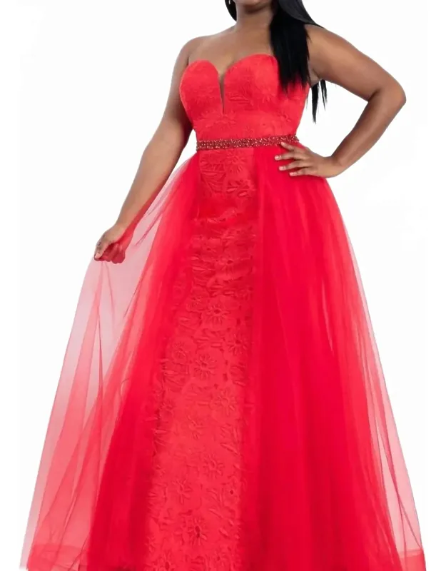 Strapless Lace Floral Prom Dress With Overskirt