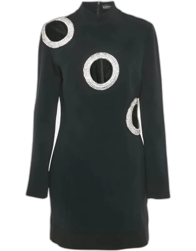 Crystal Embellished Crepe Cut-out Mini Dress