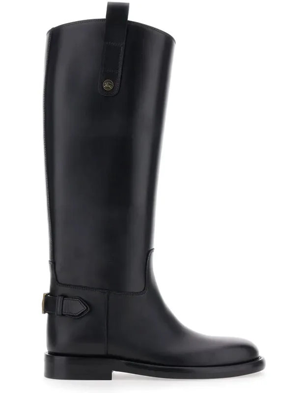 Black Leather Boots With Side Logo Plaque