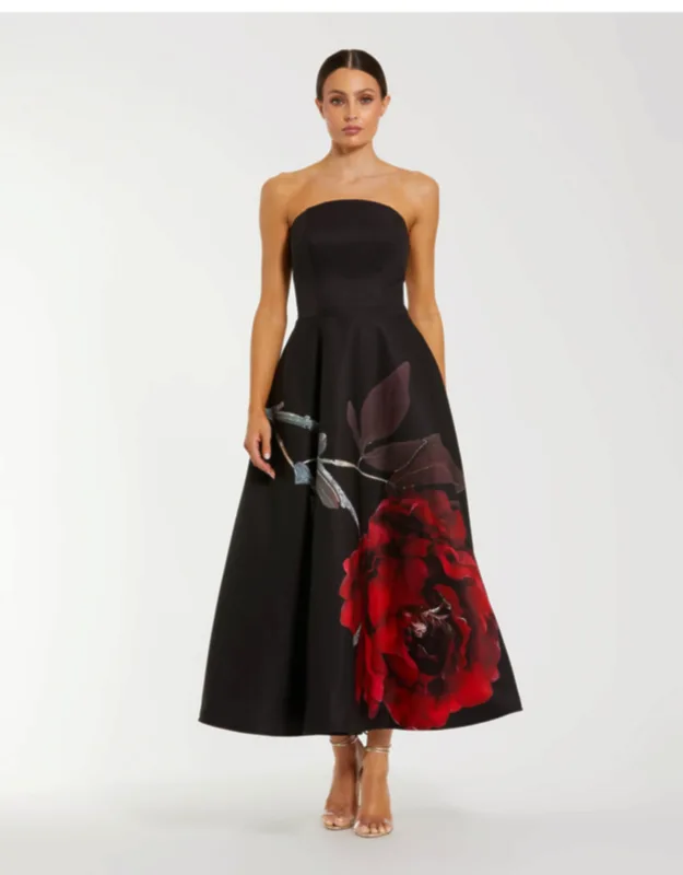 Crepe Printed Strapless Wedding Guest Midi Dress With Pockets