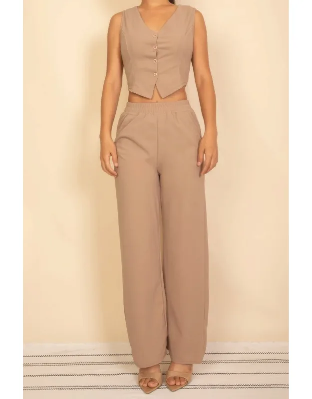 Tailored Button Vest With Adjustable Back Tie & Wide Leg Pants Set