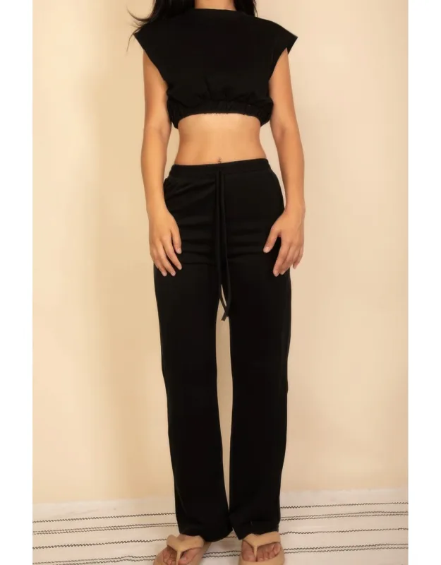 Elastic Hem Crop Top & Wide Leg Pants Set