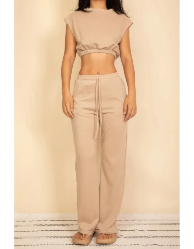 Elastic Hem Crop Top & Wide Leg Pants Set
