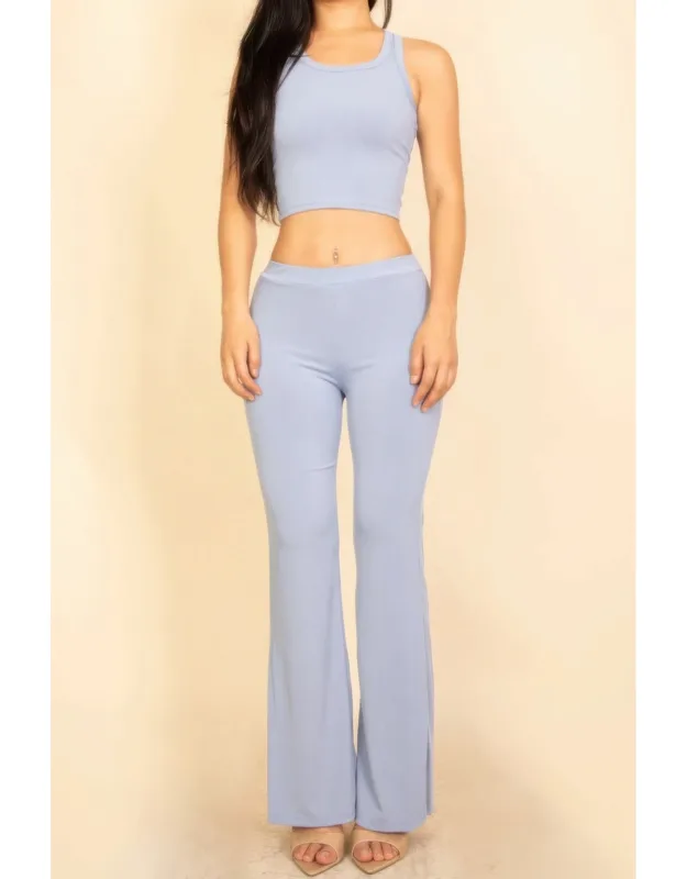 Ribbed Sleeveless Crop Top & Flared Pants Sets