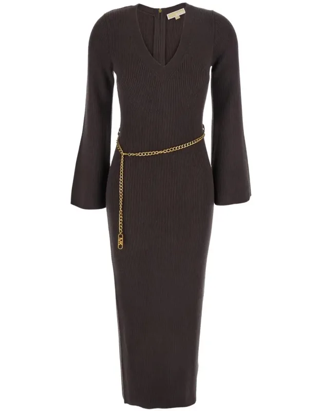 Dress With Chain Belt And Logo Plaque In Wool Blend Stretch