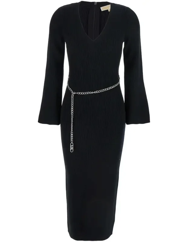 Dress With Chain Belt And Logo Plaque In Wool Blend Stretch