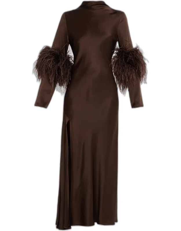 Feather-trim Satin Maxi Dress