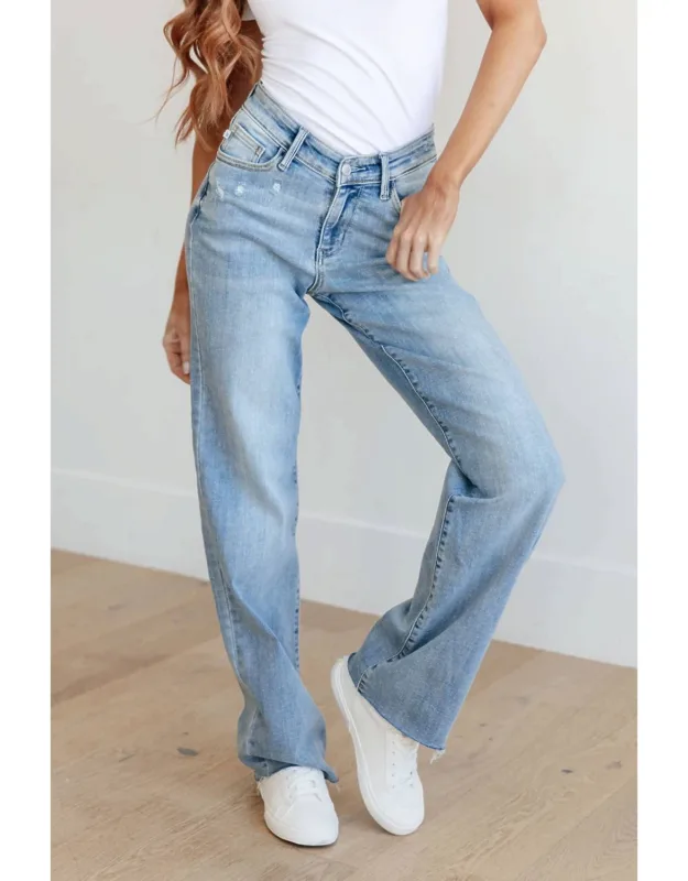 High Rise V Front Waistband Straight Leg Raw Hem Jeans