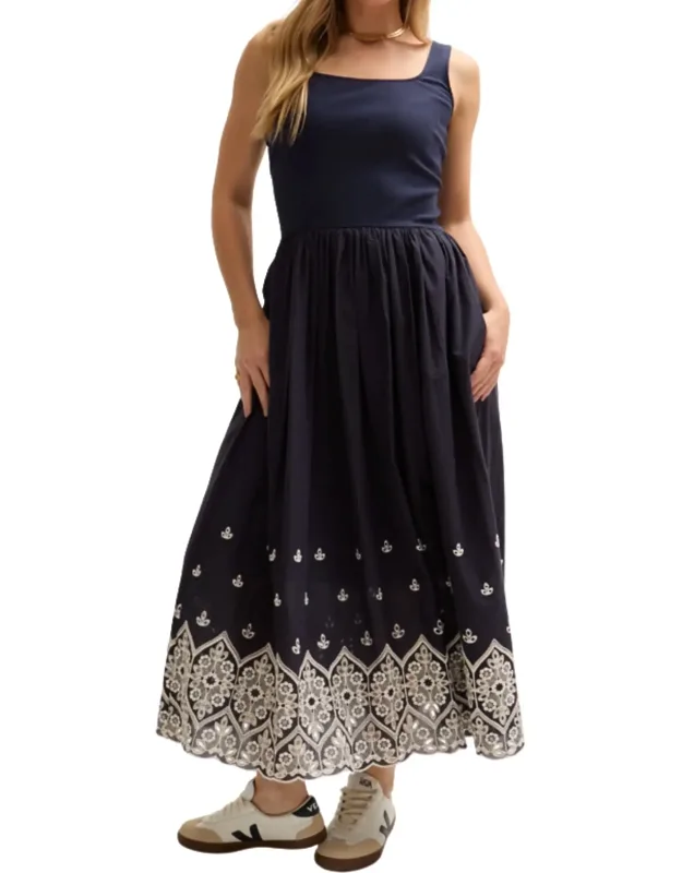 Cora Sleeveless Jersey Bodice Embroidered Midi Dress