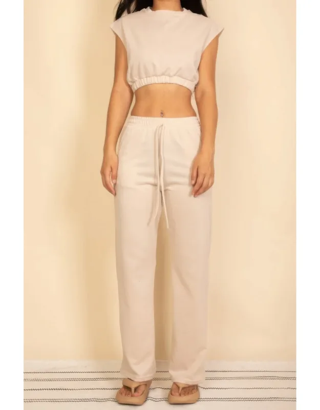 Elastic Hem Crop Top & Wide Leg Pants Set