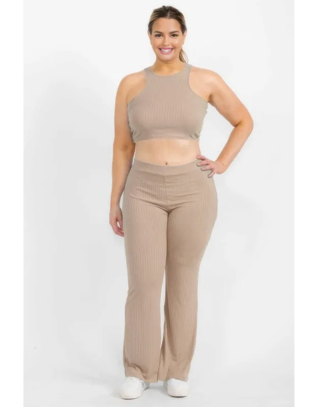 Plus Ribbed Cropped Top And Bootcut Pants Sets - Sleeveless Crop Top With High Neckline, High-waisted Bootcut Pants