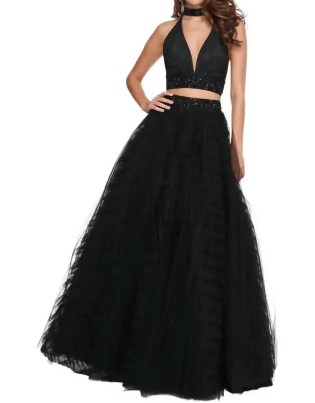 Two Piece Halter Ballgown Ruffle Dress With Choker