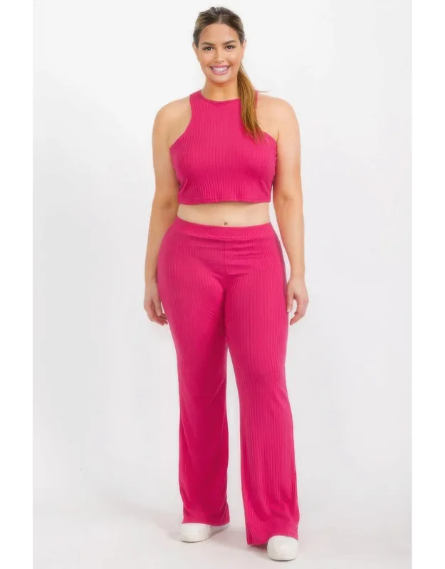 Ribbed Cropped Top And Bootcut Pants Set