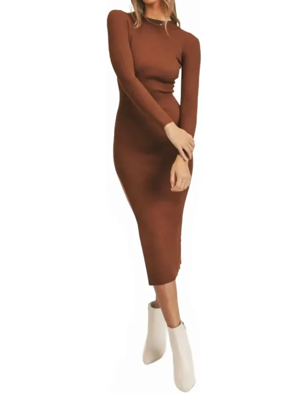 Long Sleeve Midi Sweater Dress With One Side High Slit