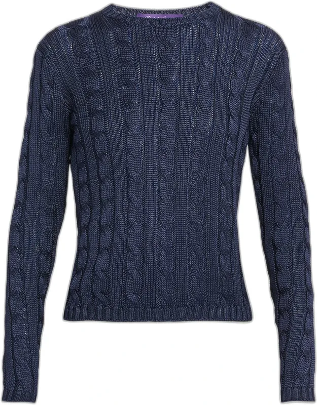 High Shine Silk Cable-knit Crewneck Sweater