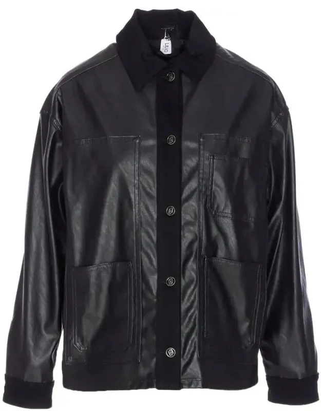 Jacket With Frontal Logo Buttons Closure, Regular Collar, Long Sleeves, Pockets, Leather Effect