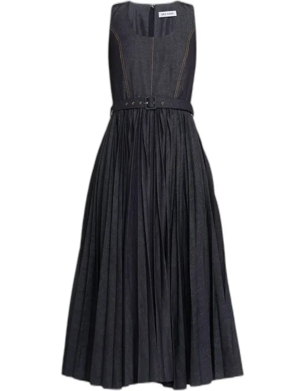 Pleated Denim Midi Dress With Belt
