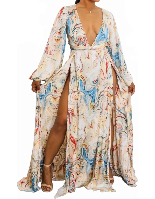 Marble Swirl Kimono Maxi Dress With Slits
