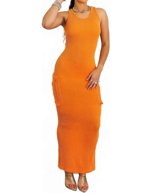 Ribbed Midi Dress With Utility Pockets