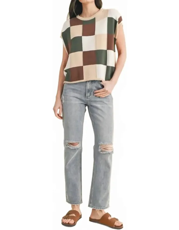 Checker Fun Knit Sleeveless Sweater Top