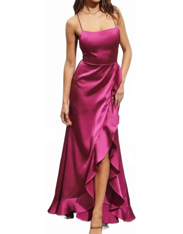 Satin Ruched High Split Maxi Dress