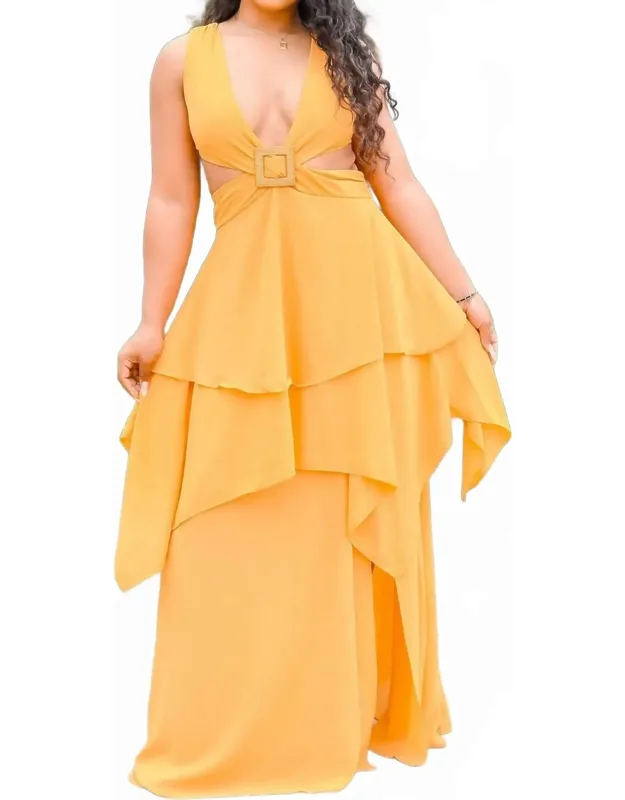 Ruffle Deep V Neckline Maxi Dress
