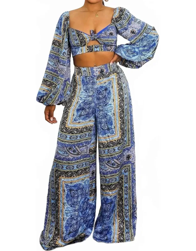 Bold Baroque Print Two-piece Set With Tie Front Crop And Wide Pants