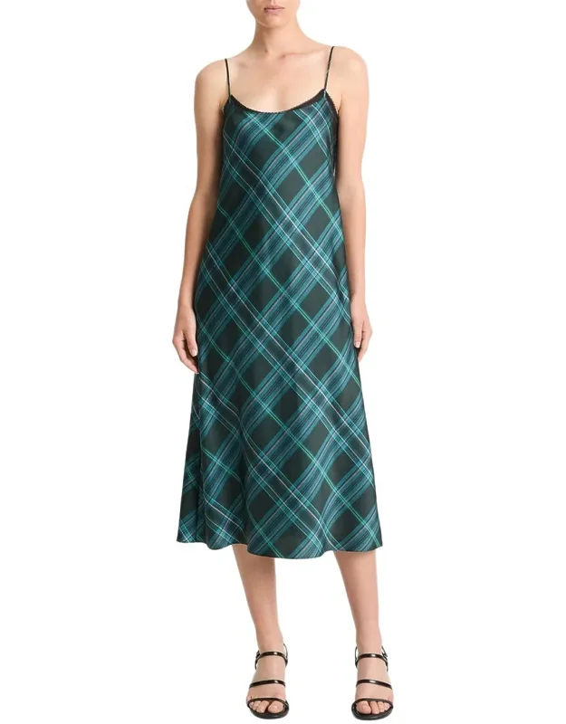 Plaid Lace-trim Slip Dress