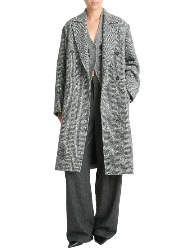 Herringbone Double-breasted Wool & Silk-blend Coat