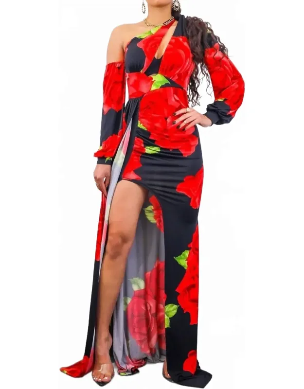 Asymmetrical Draped Floral Dress