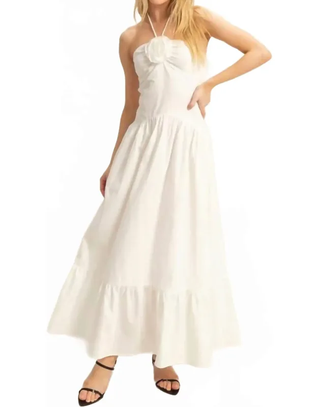 Poplin Rosette Halter Neck Midi Dress
