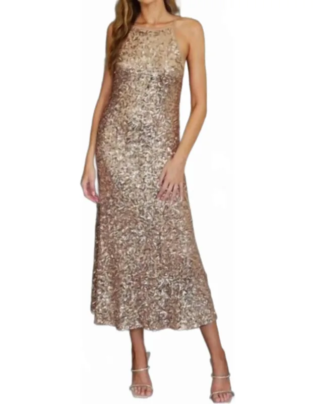 Sequined Soft Tie Halter Neck Maxi Cocktail Party Dress