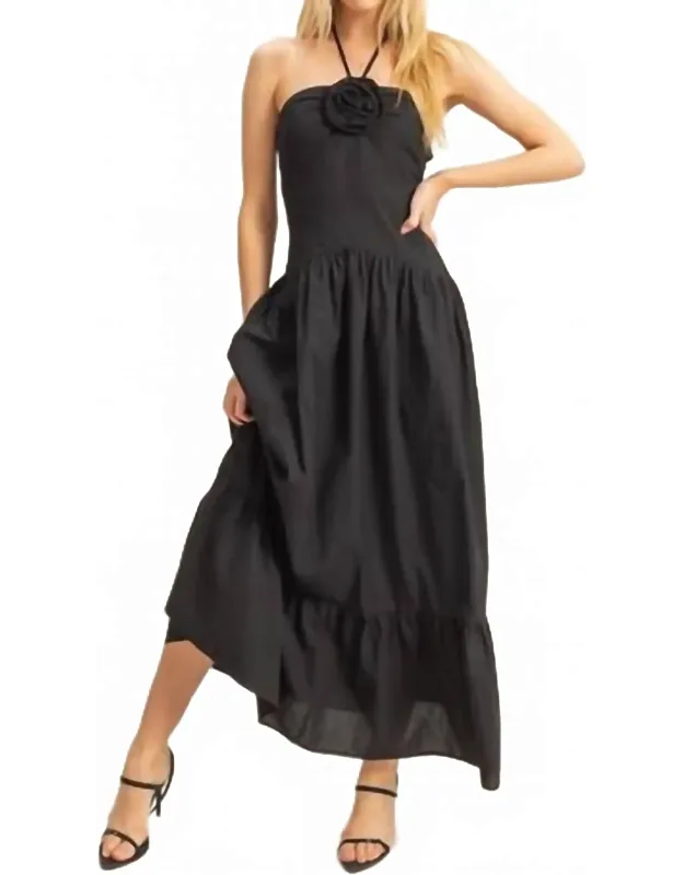 Poplin Rosette Halter Neck Midi Dress