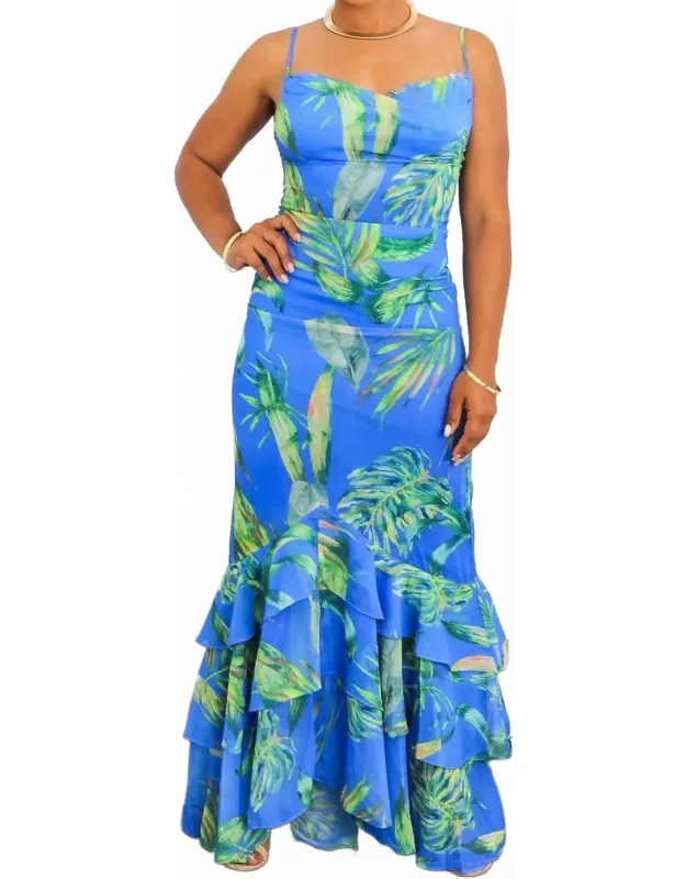 Bold Leaf Print Maxi Dress With Ruffle Hem