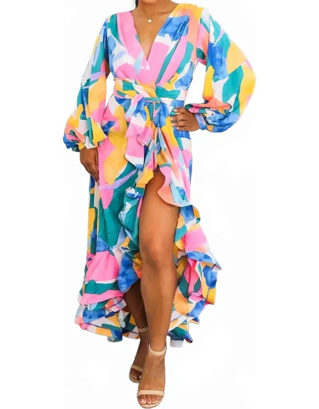 Ruffle Wrap Maxi Dress With Balloon Sleeves