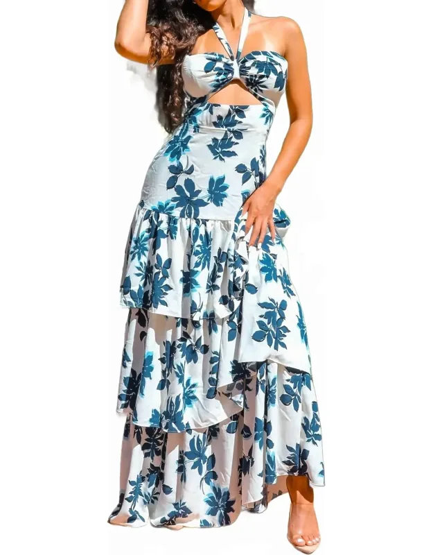 Visual Landscape Floral Print Ruffle Maxi Dress